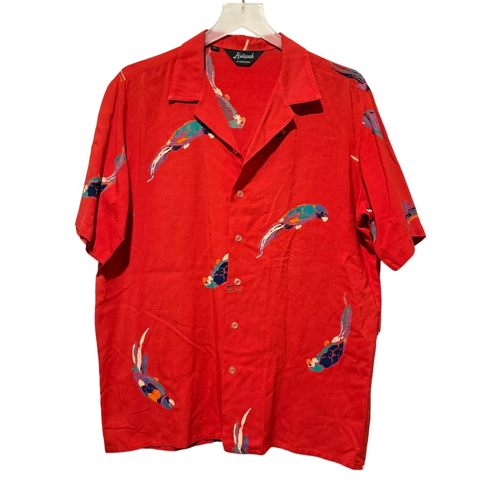 Hutspah Red Parrot Print Rayon Camp Shirt Mens Large Short Sleeve Hawaiian Aloha